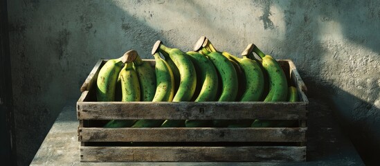 Poster - Neatly arranged green bananas in a rustic wooden crate on a metal table with a textured wall in the background creating a vibrant contrast.