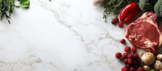 Poster - Fresh raw meat with red bell pepper, broccoli, and herbs arranged on a marble countertop with white and gray veining in the background.