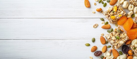 Aufkleber - Homemade gluten-free granola bars with nuts seeds and dried fruits arranged on a white wooden background in top view with ample copyspace