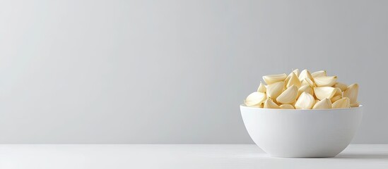 Aufkleber - Chopped garlic in a white bowl positioned centrally against a light gray backdrop emphasizing simplicity and freshness of the ingredient