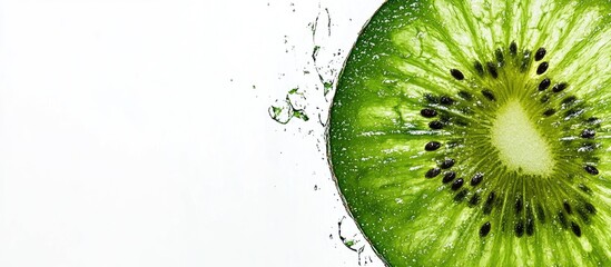 Poster - Fresh green kiwi slice with water droplets on the right side against a white background showcasing vibrant green tones and details of seeds.