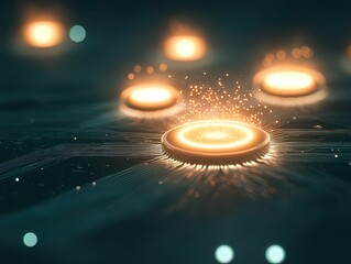 Fototapete - A futuristic digital scene featuring glowing circular elements with sparks, set against a dark background, suggesting advanced technology or energy.