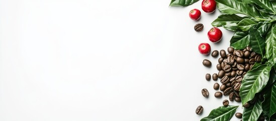 Poster - Coffee beans and vibrant red berries on green leaves with negative space on a white background, arranged in the top right corner of the image.