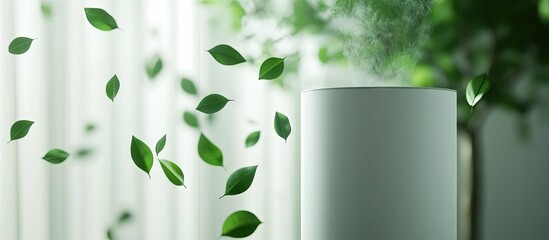 Aufkleber - White air purifier emits mist surrounded by floating green leaves against a soft blurred background of greenery, creating a tranquil atmosphere.