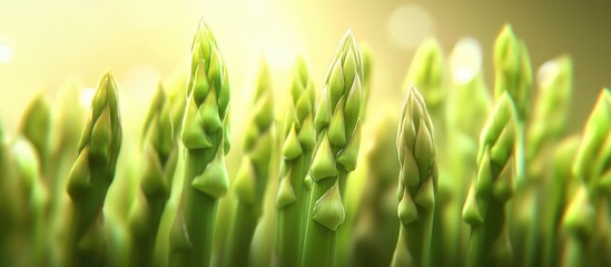 Poster - Fresh green asparagus spears arranged in a close-up view set against a warm golden light background creating a vibrant natural scene