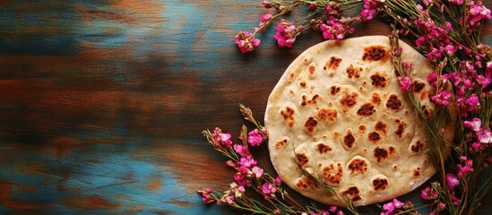 Aufkleber - Flatbread surrounded by pink flowers on a dark wooden surface with teal accents in the background creating a warm, inviting atmosphere.
