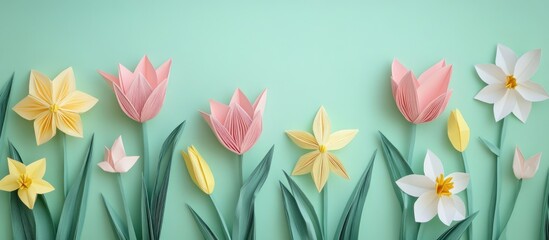 Poster - Colorful paper flower arrangement on mint green background featuring pink tulips, yellow daffodils, and white blooms with green leaves in a row.