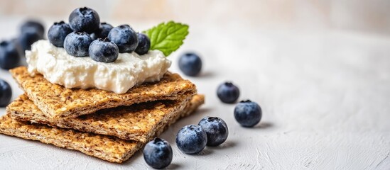 Aufkleber - Wholegrain rye crispbread stacked with creamy ricotta cheese and fresh blueberries on a light background garnished with mint leaves.