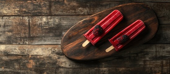 Aufkleber - Rustic wooden background with two red berry yogurt popsicles on a dark paddle board, highlighting a warm and inviting summer treat scene.