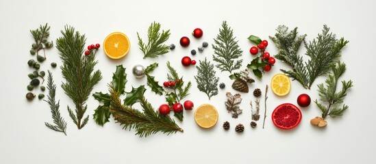 Aufkleber - Festive flat lay featuring green foliage red berries and golden citrus arranged symmetrically on a clean white background for Christmas celebration
