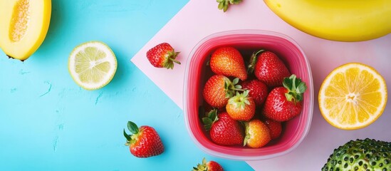 Poster - Colorful fruit arrangement with pink bowl of fresh strawberries, yellow bananas, and lime slices on a teal background with blank space for text.