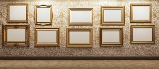 Poster - Elegant gallery interior featuring nine empty ornate gold frames arranged asymmetrically on a textured light gold wall with soft ambient lighting.