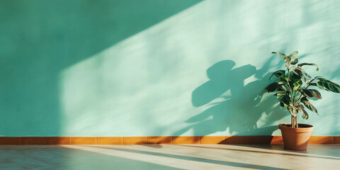 Aufkleber - Light mint green wall with soft grunge patterns and a potted plant creating a serene atmosphere