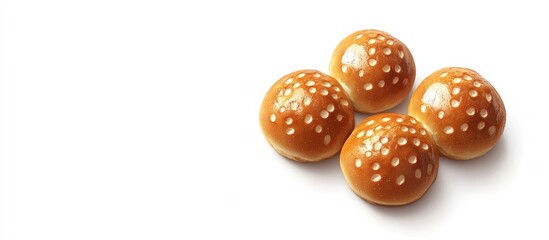 Aufkleber - Crispy golden brown bread buns with sesame seeds arranged in a cluster on a clean white background showcasing their appealing texture and shine
