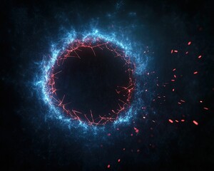 Fototapete - A mesmerizing abstract design featuring a circular formation of blue and red energy sparks against a dark background.