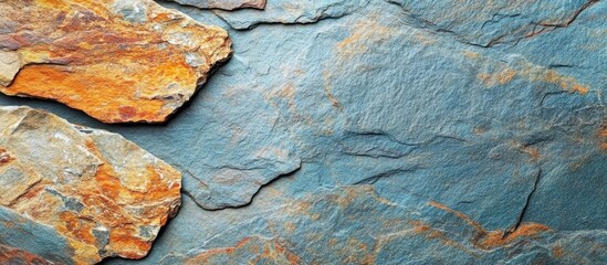 Aufkleber - Granola bar topped with nuts, fruits, and berries placed atop a textured blue stone table surface showcasing earthy tones and natural beauty.