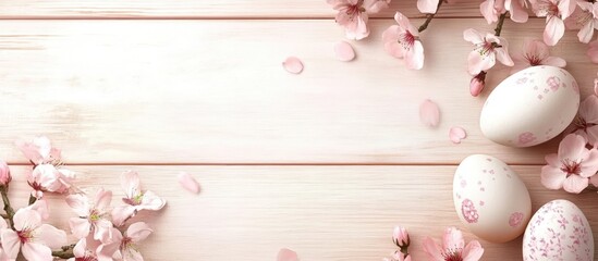Poster - Easter holiday scene featuring pink cherry blossoms on the right, decorative eggs on rustic wooden boards, soft pastel colors with petals scattered.