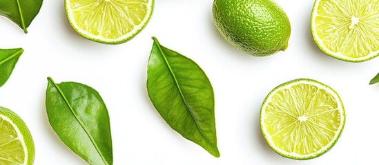Poster - Fresh green citrus leaves and halved limes with vibrant green limes positioned amidst them on a clean white background showcasing natural textures.