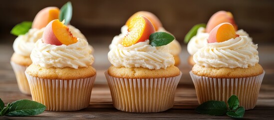 Poster - Cupcakes topped with creamy peach frosting and fresh peach slices, arranged in a row with green mint leaves on a rustic wooden table.