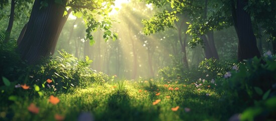 Poster - Sunlit Forest Pathway with Lush Green Trees in Background and Golden Rays Streaming Down Creating a Serene and Tranquil Atmosphere