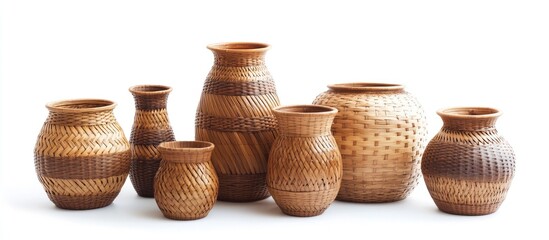 Poster - Handwoven rattan vases in various shapes and sizes arranged in a group with earthy brown tones against a clean white background