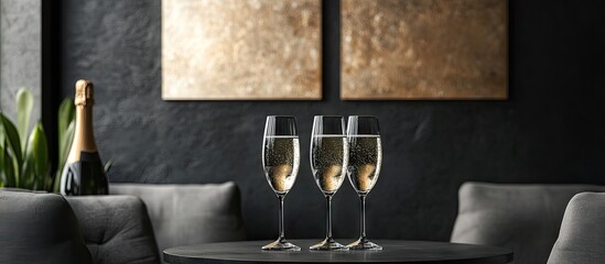Aufkleber - elegant modern art gallery interior featuring three champagne glasses on a round black table with go