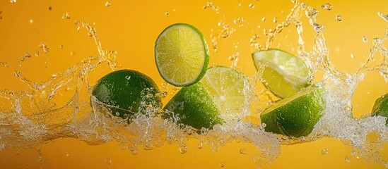 Aufkleber - Fresh green limes and lime slices splashing into water against a vibrant orange background creating dynamic motion and refreshing energy