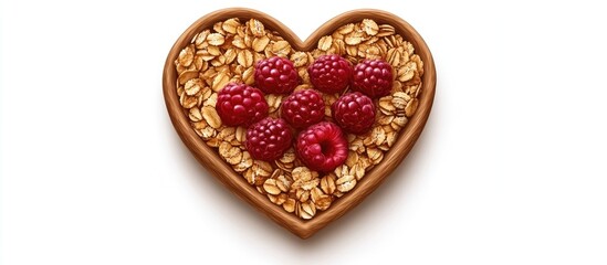 Poster - Heart-shaped bowl filled with granola and fresh raspberries on a white background, showcasing a healthy snack option.