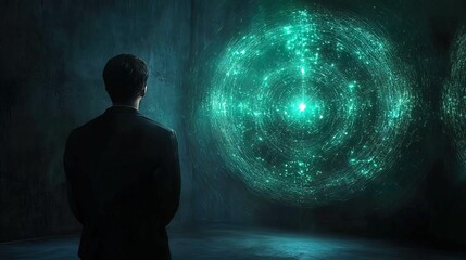 Fototapete - A lone figure gazes at glowing, abstract patterns on a dark wall, suggesting themes of technology, exploration, and the unknown.