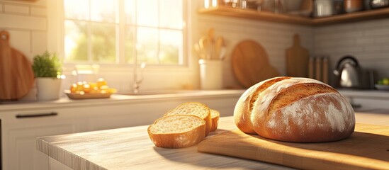 Aufkleber - Freshly baked bread on a wooden cutting board in a sunlit kitchen, with sliced loaf beside it, conveying warmth and new beginnings in a cozy home.