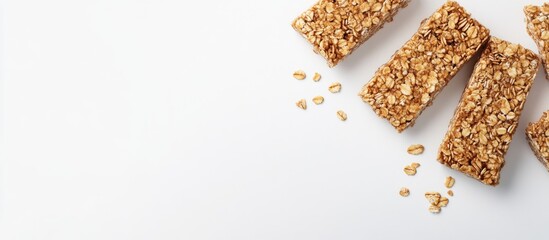 Aufkleber - Assorted homemade granola bars with oats and nuts on a white background with scattered oats showcasing a healthy snack option.