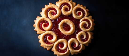 Poster - Delicious homemade crostata cookies with vibrant jam filling arranged in a Fibonacci swirl design on a dark background for a striking contrast