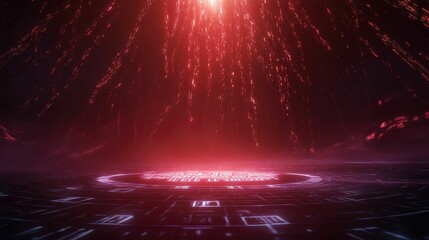 Fototapete - A vibrant red light descends from above, illuminating a digital landscape with intricate patterns and a mysterious atmosphere.
