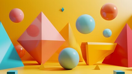 Poster - a bunch of colorful geometric shapes are on a yellow background