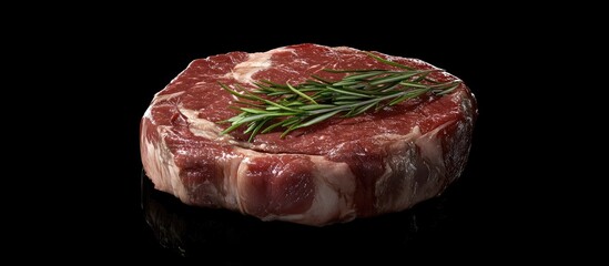 Aufkleber - Raw beef steak on a black background, circular cut with marbled texture, topped with fresh rosemary sprigs, emphasizing freshness and culinary appeal.
