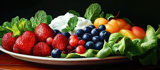 Poster - Colorful platter of fresh fruits including strawberries, blueberries, and apricots on green lettuce with yogurt and mint garnish, arranged artfully.