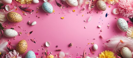 Poster - Colorful Easter decoration frame featuring pastel eggs, feathers, and flowers arranged on a soft pink background with scattered petals and eggshells.