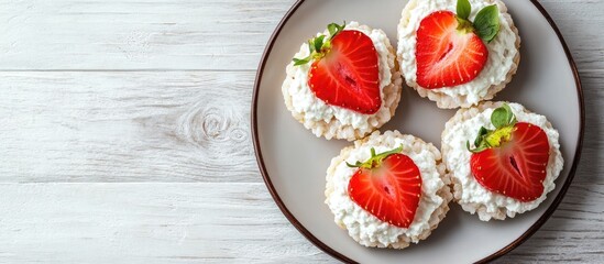 Poster - Delicious rice cakes topped with ricotta and fresh strawberries on a light wooden background, arranged in a circular formation on a brown plate.
