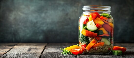 Poster - Vibrant homemade mason jar salad featuring quinoa and colorful chopped vegetables arranged in layers against a rustic wooden background.