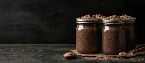 Poster - Vegan chocolate chia pudding in glass jars placed on a dark wooden surface with a textured brown cloth and a black background highlighting richness.