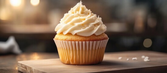 Poster - Vanilla cupcake topped with creamy white frosting on a wooden board lit by warm ambient light creating an inviting dessert setting.