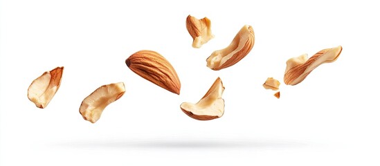 Poster - Peeled walnut kernels floating on a white background with a soft shadow, showcasing a mixture of light brown and beige tones, healthy snack concept.