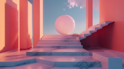 Wall Mural - a stairway leading up to a large white egg in a pink room