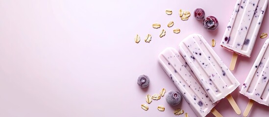 Aufkleber - Frozen yogurt popsicles with blueberry jam on a pastel pink background with scattered oats and blueberries arranged artistically on the side.