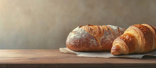Poster - Rustic wooden surface with fluffy artisan loaf and buttery croissant resting side by side in warm golden tones ideal for breakfast or lunch.