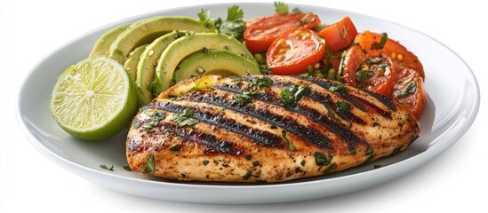 Poster - Grilled chicken breast with fresh herbs, sliced avocado and lime, served with juicy tomatoes, arranged on a white plate, vibrant colors and textures.