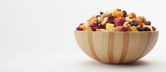 Poster - Mixed nuts and dried fruits in wooden bowl positioned centrally on a white background featuring almonds cashews cranberries and pineapple chunks