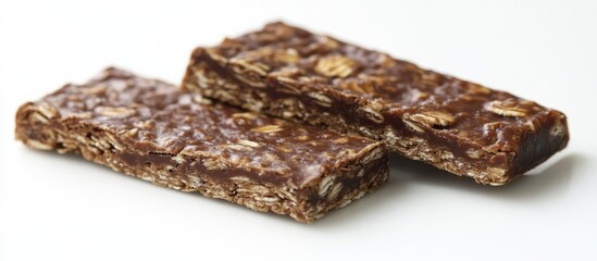 Aufkleber - Healthy granola energy bars on a clean white background with a soft focus, showcasing a textured brown and golden appearance.