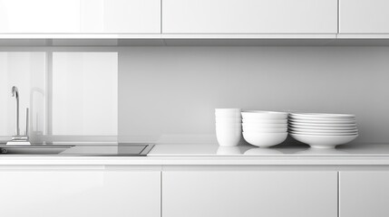 Poster - sleek white kitchen cabinet with a glossy surface, soft reflections, and copy space.