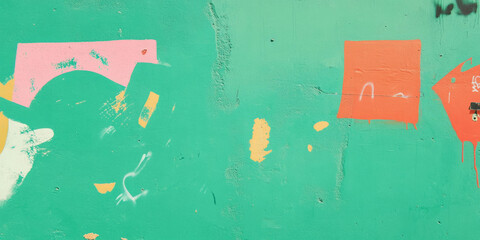 Poster - Vivid lime jade green wall with eclectic graffiti and textured grunge